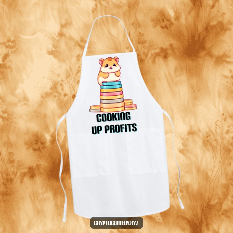 Funny determined hamster crypto apron balancing on colorful digital coins. A humorous and practical kitchen accessory.