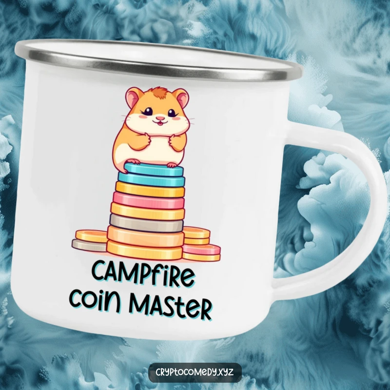 Funny determined hamster camping mug balancing on digital coins. A humorous and durable gift for crypto lovers.