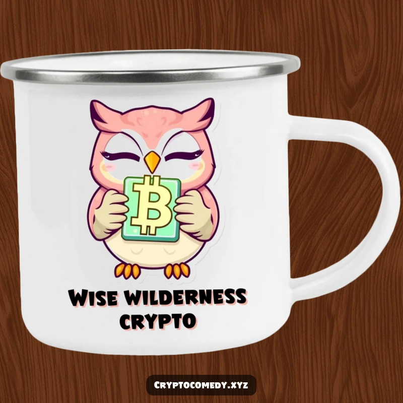 Funny winking owl camping mug holding a glowing blockchain block, perfect for rugged crypto fans. A humorous and durable outdoor gift.