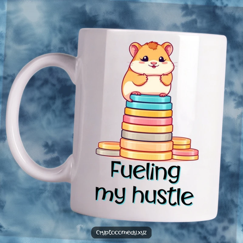 Funny determined hamster precariously balancing on a tall stack of colorful digital coins. A witty crypto gift for investors.