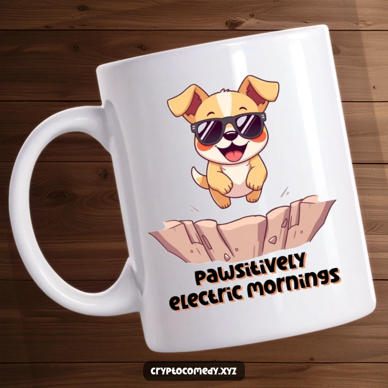 Funny dog mug featuring a cheerful dog wearing sunglasses as it jumps over a virtual pit.