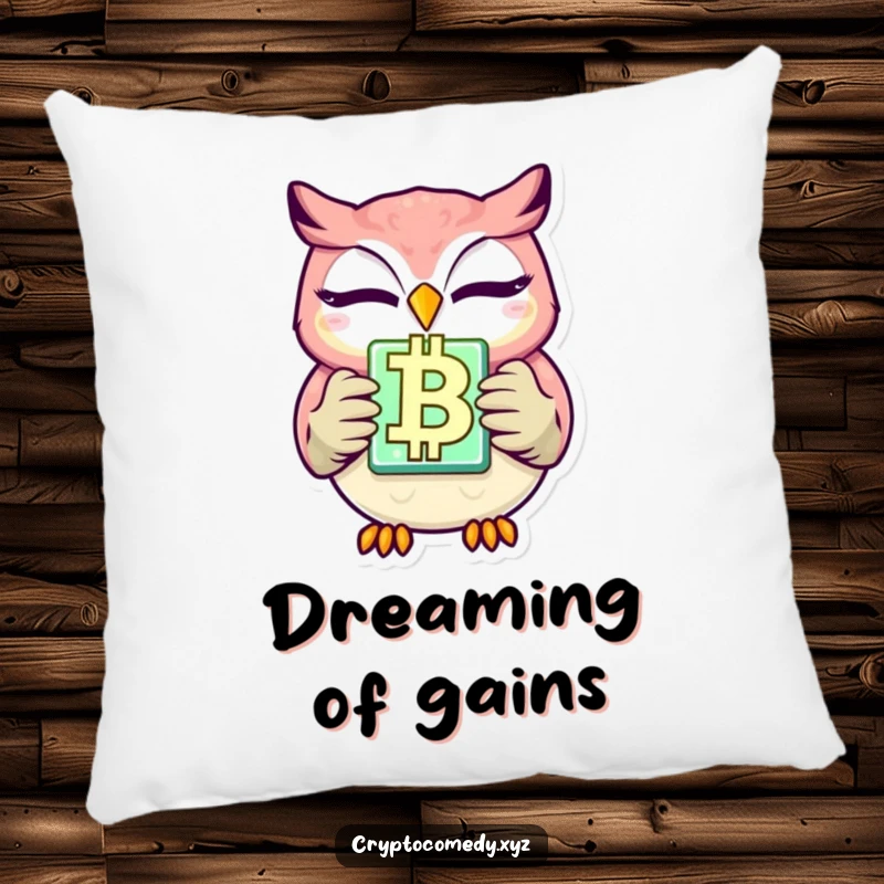 Funny winking owl pillow with a glowing blockchain block, offering comfort and crypto-themed humor. An ideal humorous gift for relaxation.