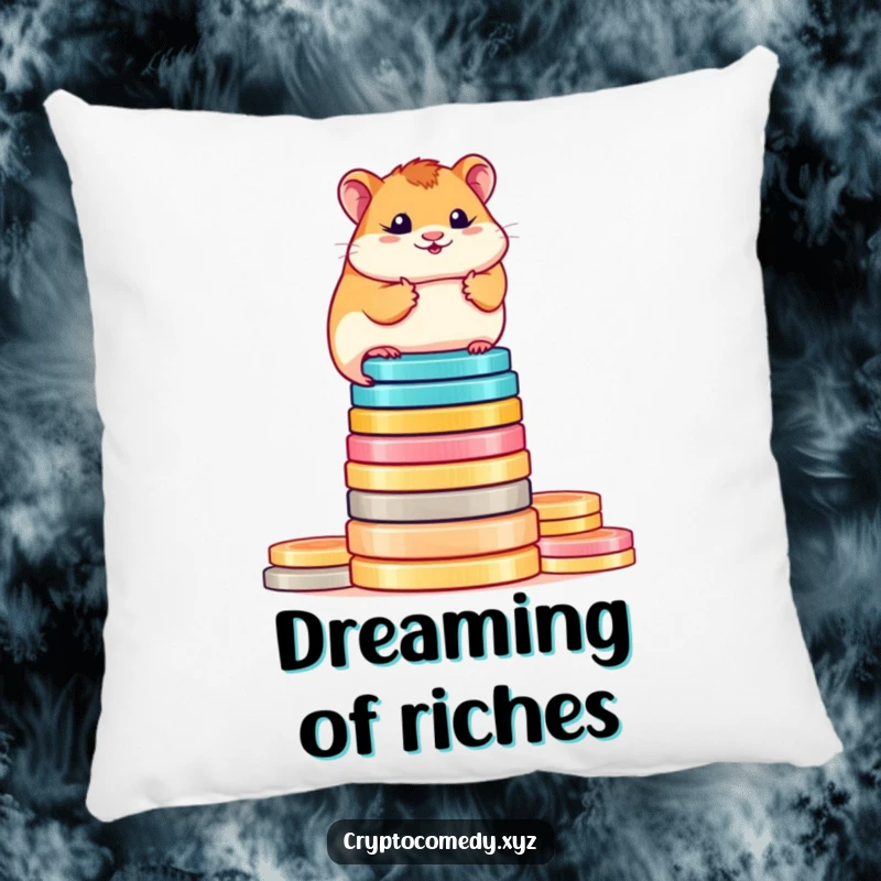 Funny determined hamster pillow balancing on digital coins. A comfortable and amusing crypto-themed gift.