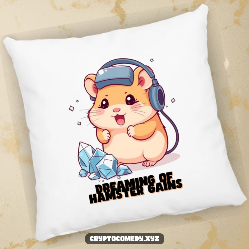 Funny, determined hamster with a headset, mining virtual crystals, soft pillow for gamers, adds humor to any space.