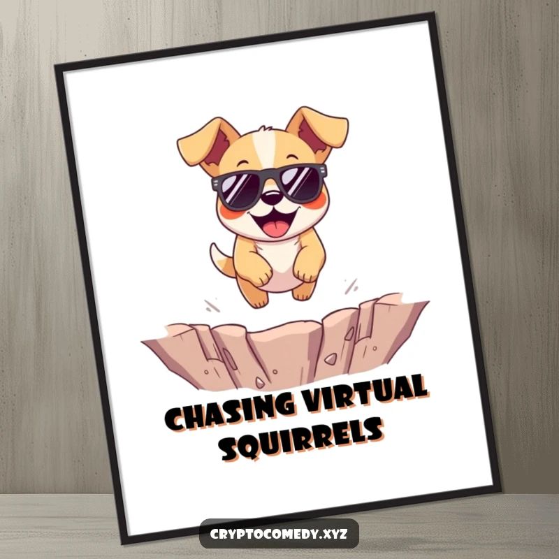 Funny dog digital art print of a cheerful dog wearing sunglasses jumping over a virtual pit.