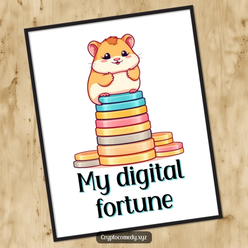 Funny determined hamster digital art print balancing on digital coins. Instant humorous decor for crypto fans.