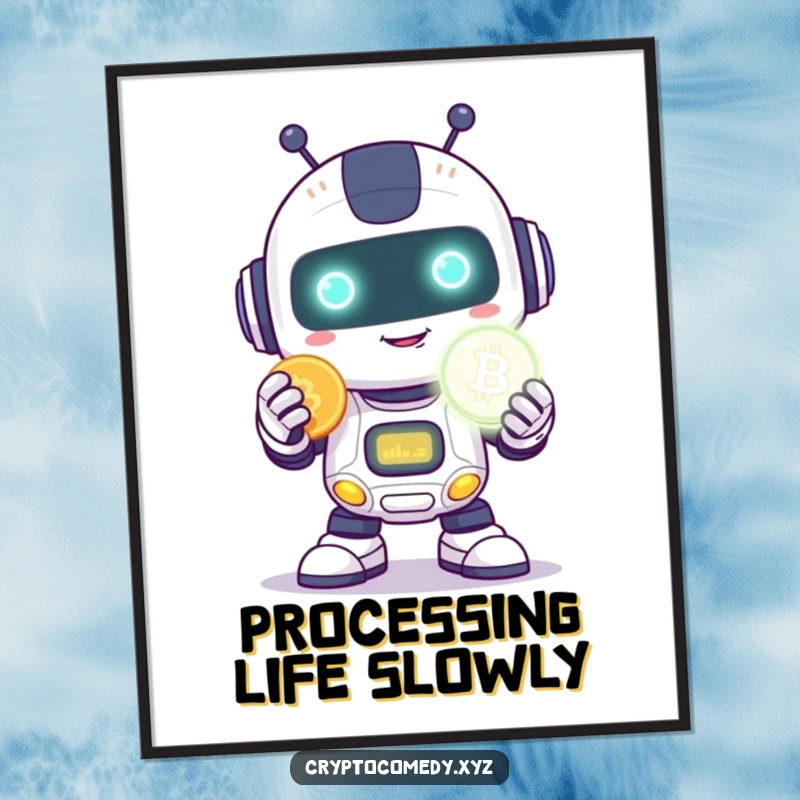 Funny robot digital art print of a happy robot with a shy smile holding a glowing digital coin.