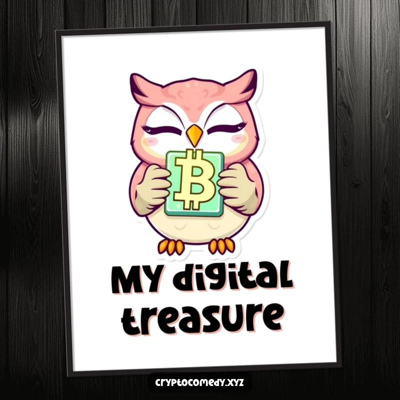 Funny winking owl crypto digital art print featuring a glowing blockchain block. Instant humorous decor for tech enthusiasts.
