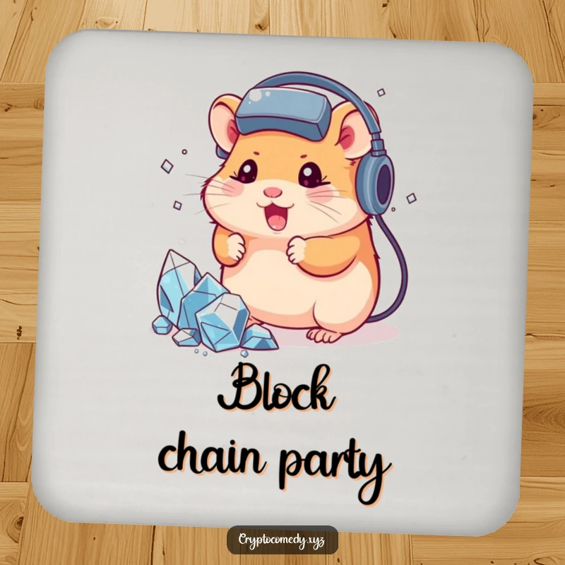 Funny hamster with a headset, mining virtual crystals, protective drink coaster for gamers, humorous home decor.