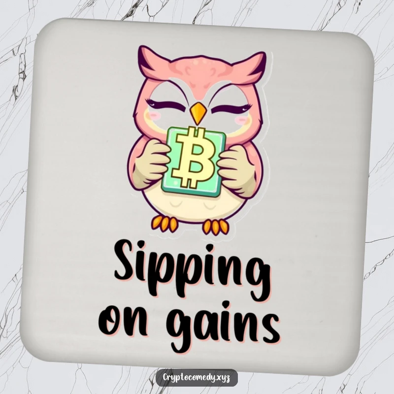 Funny winking owl coaster with a glowing blockchain block design, protecting tables with crypto humor. A witty and practical gift.
