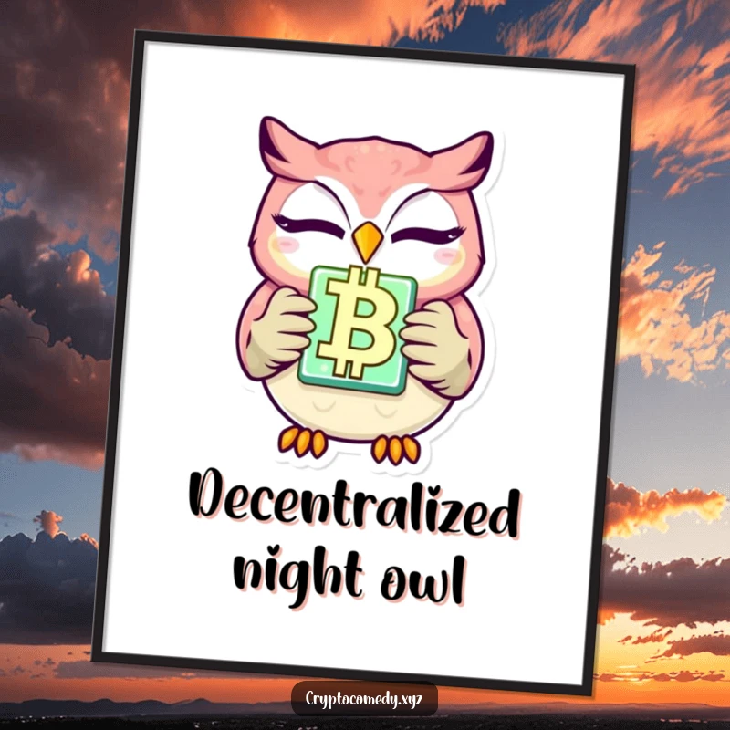 Funny winking owl poster art depicting a glowing blockchain block. Perfect wall decor for crypto lovers and a humorous gift option.