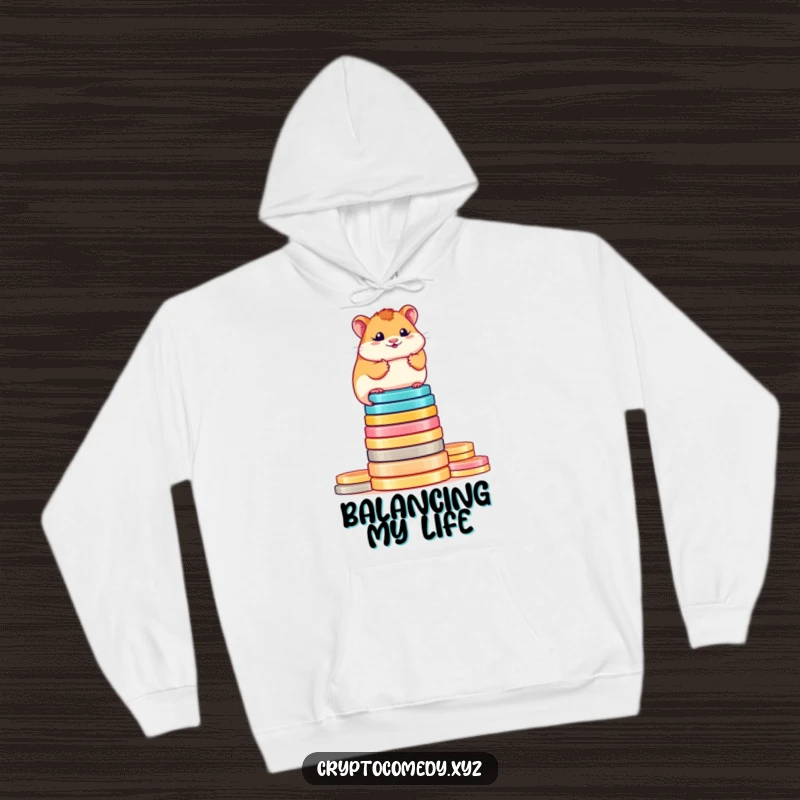 Funny determined hamster hoodie balancing on digital coins, perfect for crypto enthusiasts seeking warmth and humor. A funny gift.