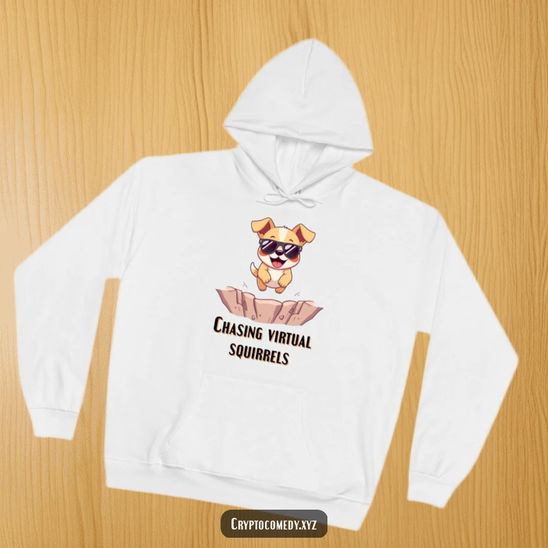 Funny dog hoodie with a cheerful dog wearing sunglasses mid-jump over a virtual pit.