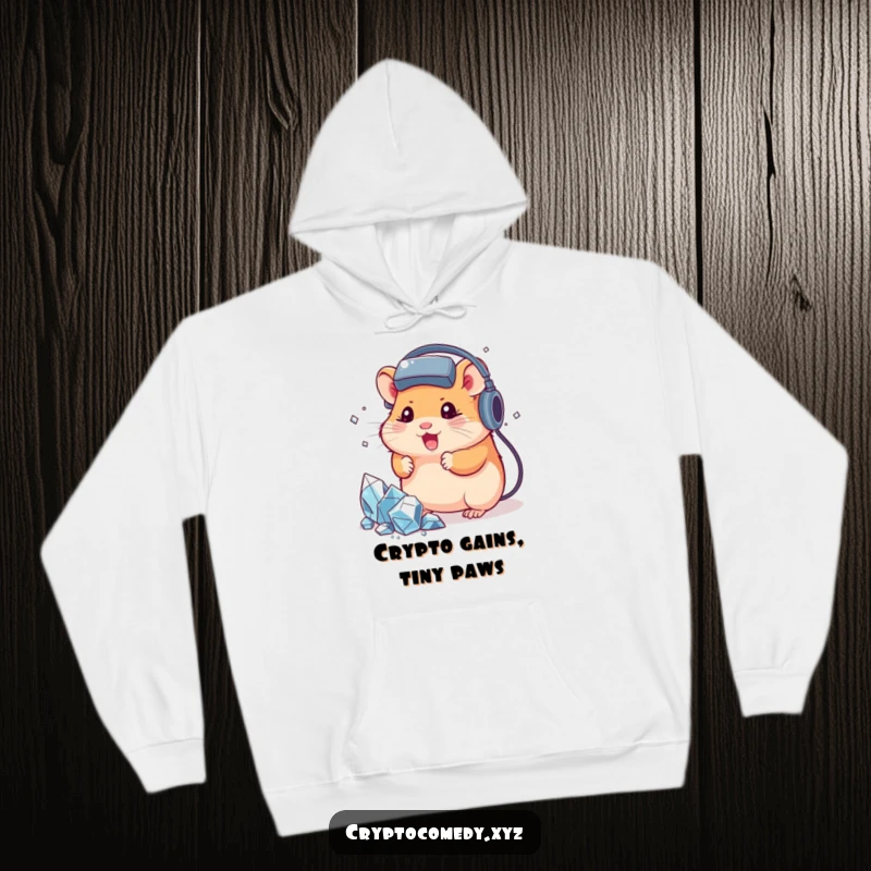 Funny hamster wearing a headset, focused on mining virtual crystals, cozy hoodie design for gamers and crypto fans.