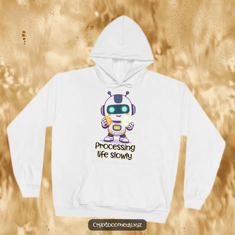 Funny robot hoodie with a happy robot with a shy smile holding a glowing digital coin.