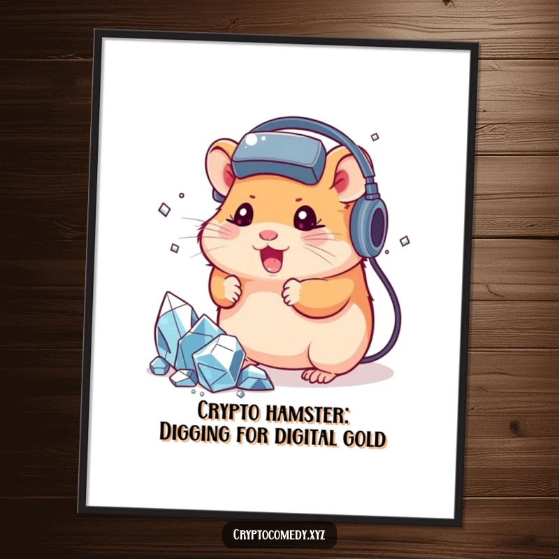 Funny Free Printable Wall Art: Determined hamster with headset mining virtual crystals, humorous digital download.