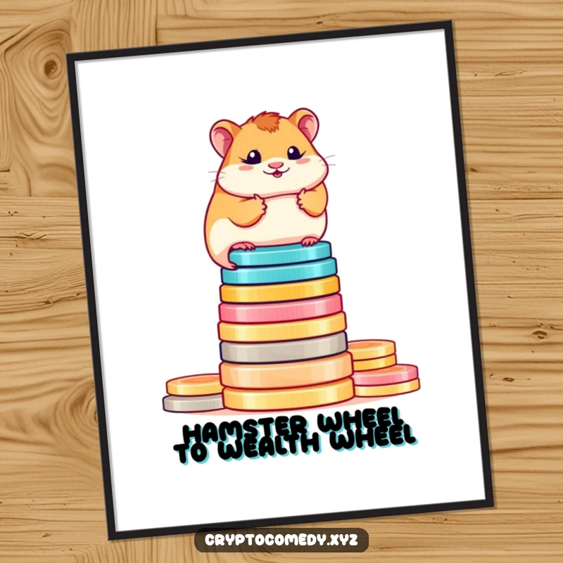 Funny Free Printable Wall Art: A determined hamster balances on a vibrant stack of digital coins, symbolizing financial prowess.