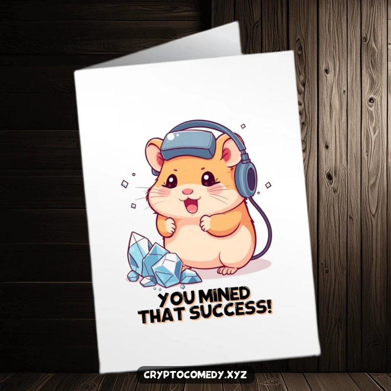 Funny Free Printable Congratulations Card: Cheerful hamster gamer celebrating crypto mining success, a unique card.