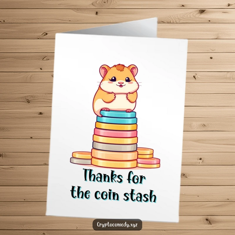 Funny Free Printable Thank You Card: A determined hamster stands tall on a stack of digital coins, offering thanks.