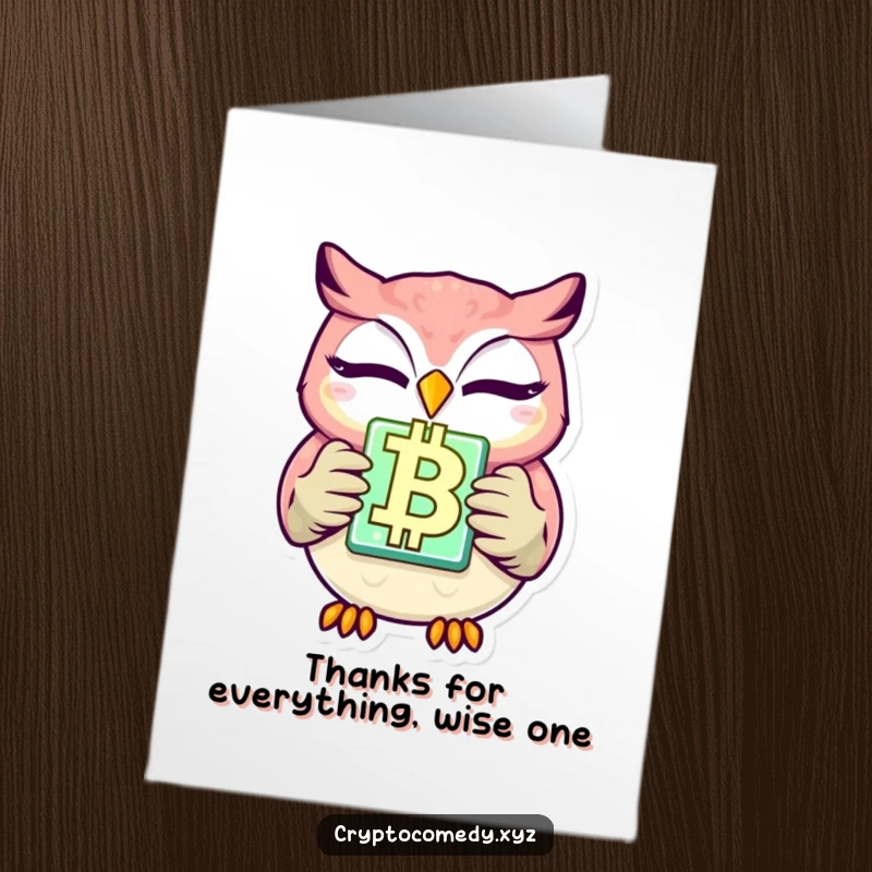 Funny Free Printable Thank You Card: A winking owl proudly holds a glowing blockchain block, offering crypto-inspired thanks.