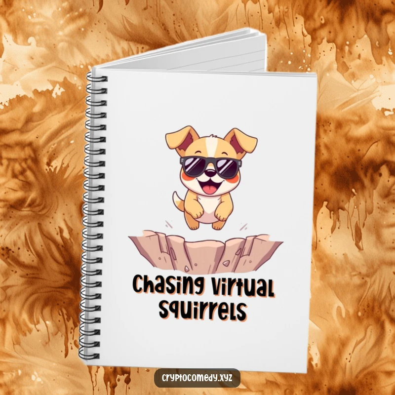 Funny dog notebook with a cheerful dog wearing sunglasses jumping over a virtual pit.