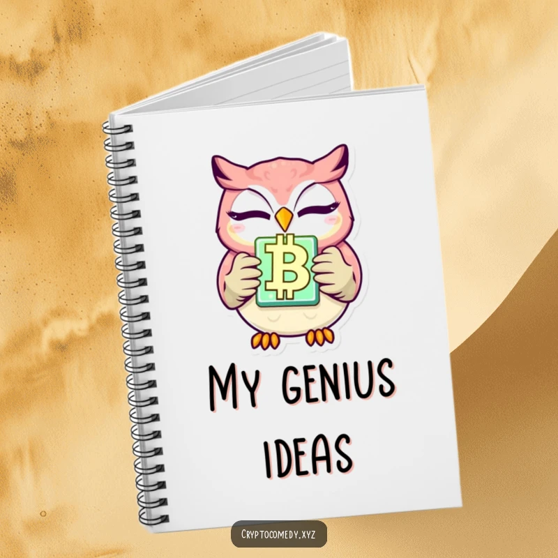 Funny winking owl notebook with a glowing blockchain block, ideal for journaling crypto strategies. A humorous and practical gift.