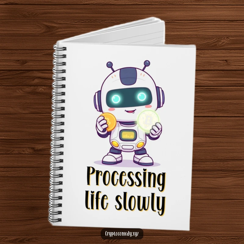 Funny robot notebook with a happy robot with a shy smile holding a glowing digital coin.
