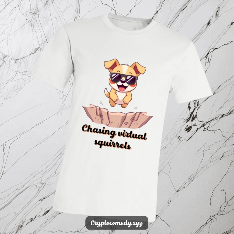 Funny dog t-shirt depicting a cheerful dog wearing sunglasses while jumping over a virtual pit.