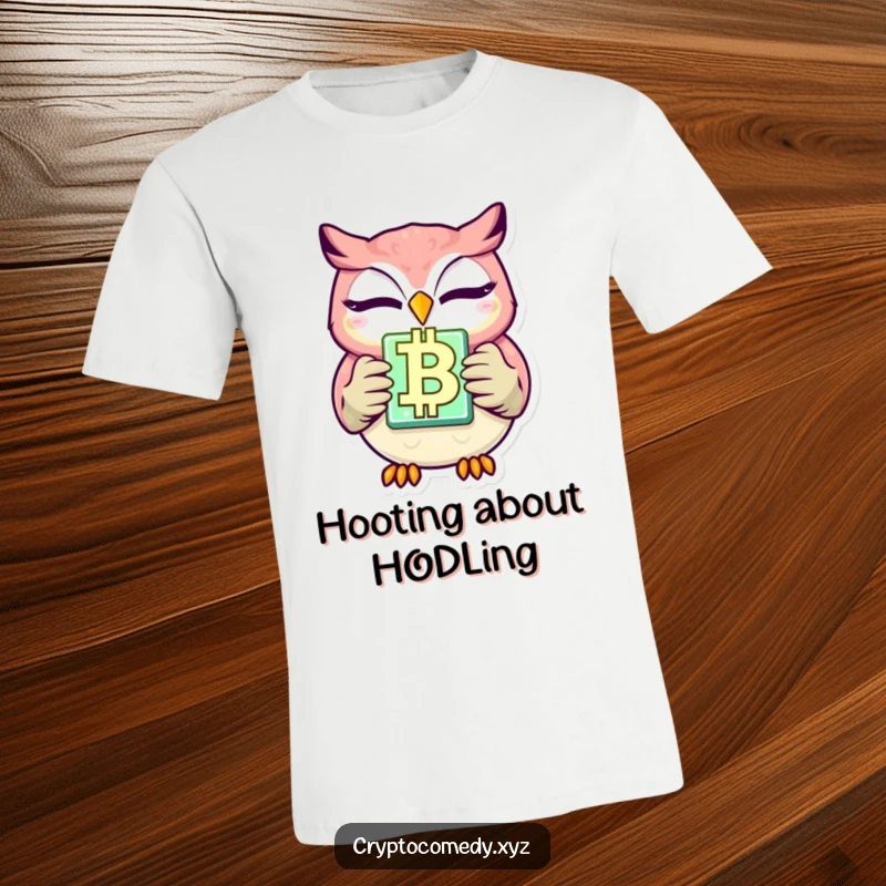 Funny winking owl wearing crypto-themed shirt, holding a bright blockchain block. Great for tech lovers and as a humorous clothing gift.