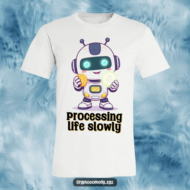 Funny robot t-shirt depicting a happy robot with a shy smile holding a glowing digital coin.