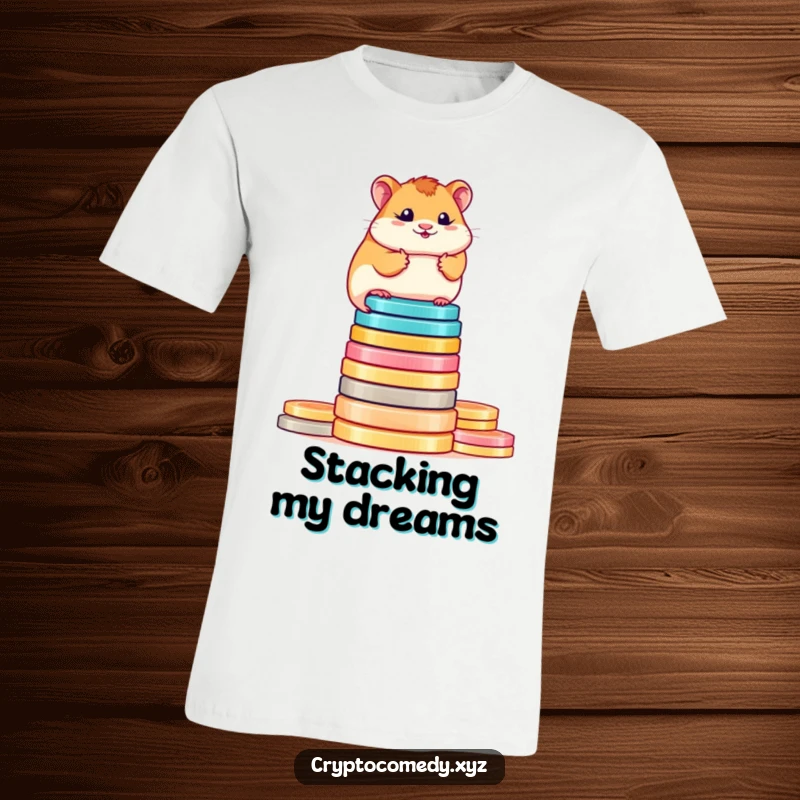 Funny determined hamster t-shirt balancing on a pile of colorful crypto coins. Great for traders and humor lovers, a funny gift.