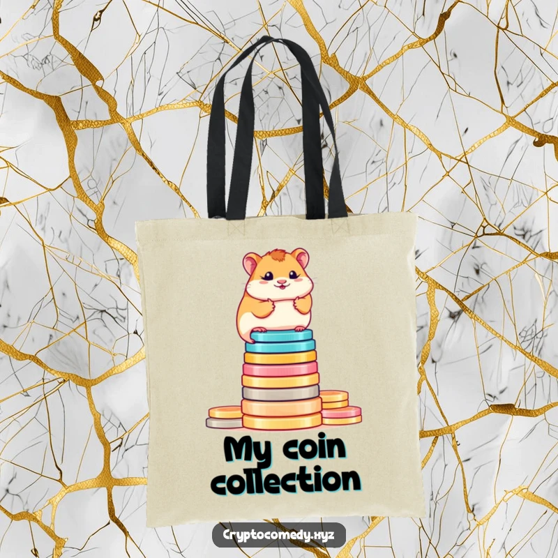 Funny determined hamster tote bag balancing on colorful digital coins. A humorous and practical accessory for crypto fans.