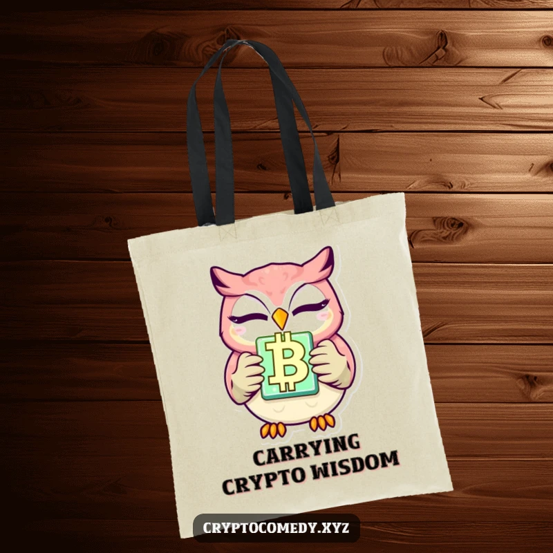 Funny winking owl tote bag with a glowing blockchain block design. This practical and humorous accessory is a great gift for crypto fans.