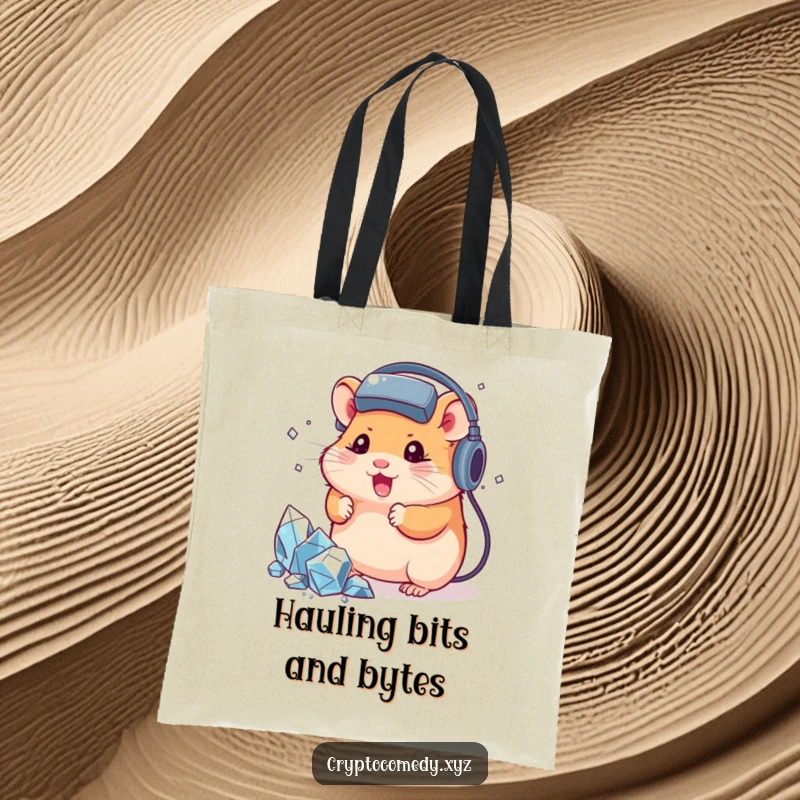 Funny hamster with a headset, mining virtual crystals, practical tote bag for gamers and crypto enthusiasts, bold design.