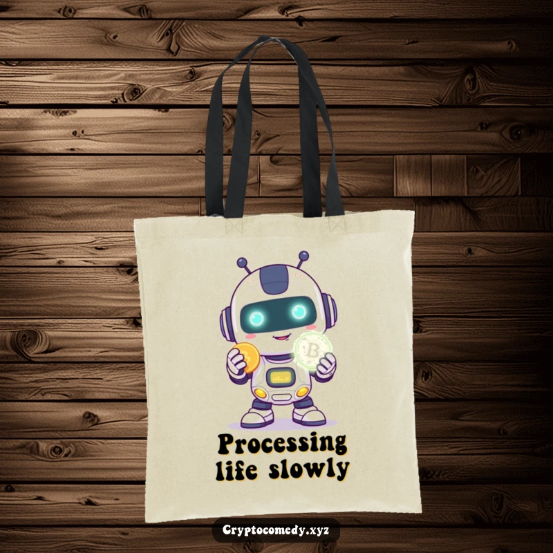 Funny robot tote bag featuring a happy robot with a shy smile holding a glowing digital coin.